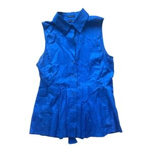 Theory Sandeep Cinz Lawn Royal Blue Sleeveless Pleated Peplum Tie Back Top M
